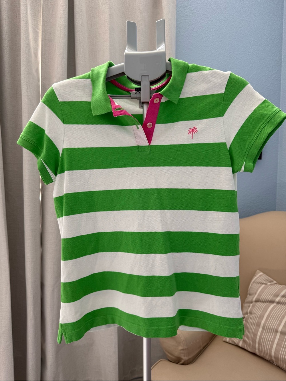 Lilly Pulitzer Green & White Striped Fitted Polo Shirt Pink Motif Size M Preppy
